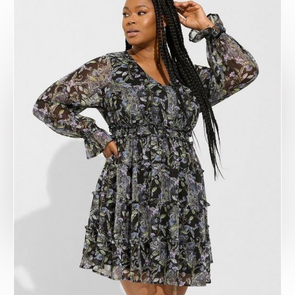 Torrid Mini Lurex Chiffon Tiered Dress Black Floral Multi Size 2 P2